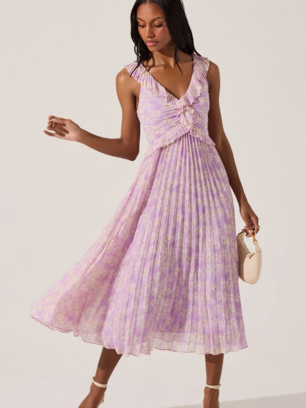 NWT Astr Pleated Midi Dress Size S Lavender Purple Floral Preppy Feminine - Picture 2 of 11